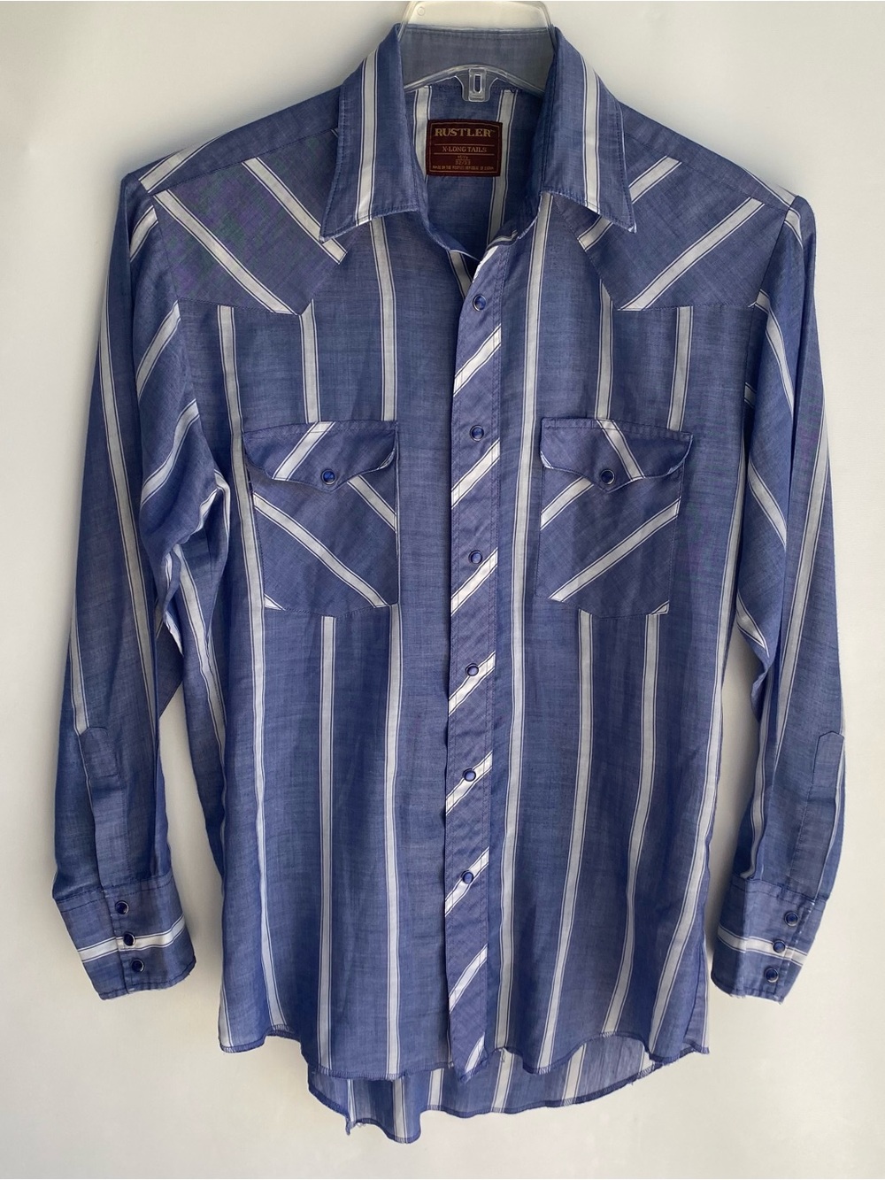 Mens vintage Rustler western shirt blue striped snap front cowboy ranch 15 1/2